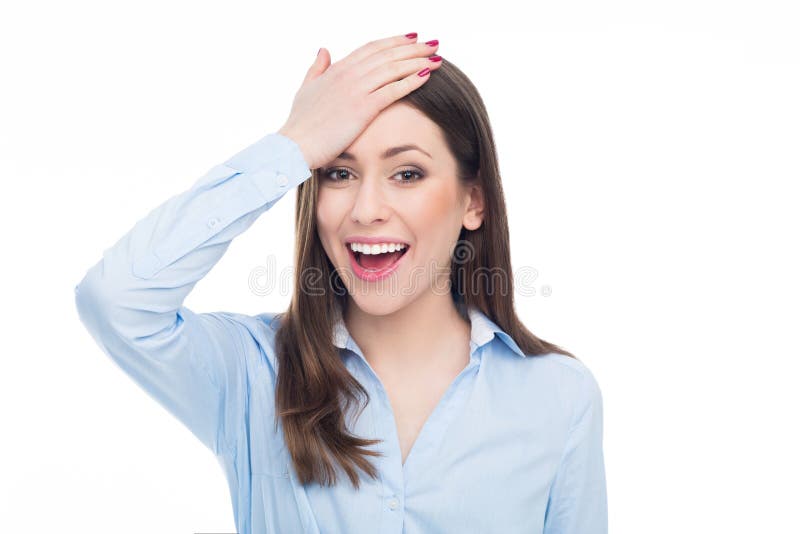 La Mano En La Cabeza La Otra En La Cintura Mujer Con La Mano En La Cabeza Foto de archivo - Imagen de mano, facial