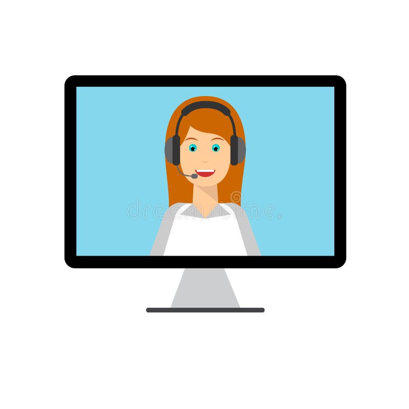 Mujer con los auriculares en la pantalla de monitor de computadora stock de ilustración Mujer con los auriculares en la pantalla de monitor de computadora stock de ilustración