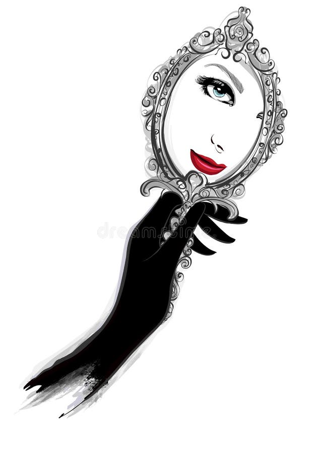 Mujer con los guantes negros que miran un espejo