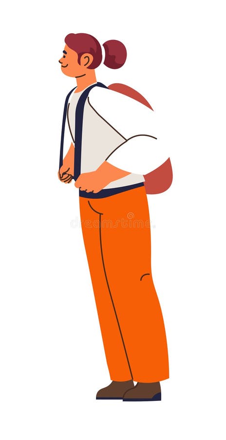 Ilustración de una mujer con mochila caminando al aire libre. estilo simple de vector plano aislado en fondo blanco. adecuado para diseños al aire libre o relacionados con el viaje.