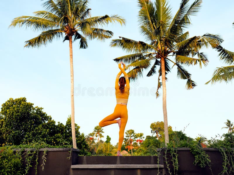 Mujer con traje de yoga amarillo practica la posada del árbol en un entorno sereno al aire libre con árboles frondosos y palmeras foto de archivo