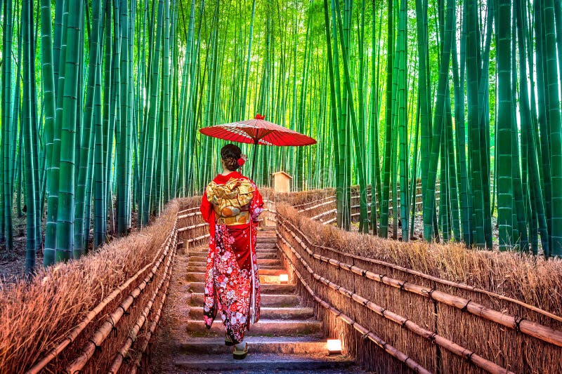 Mujer de bambú de Forest Asian que lleva el kimono tradicional japonés en el bosque de bambú en Kyoto, Japón Mujer de bambú de Forest Asian que lleva el kimono tradicional japonés en el bosque de bambú en Kyoto, Japón