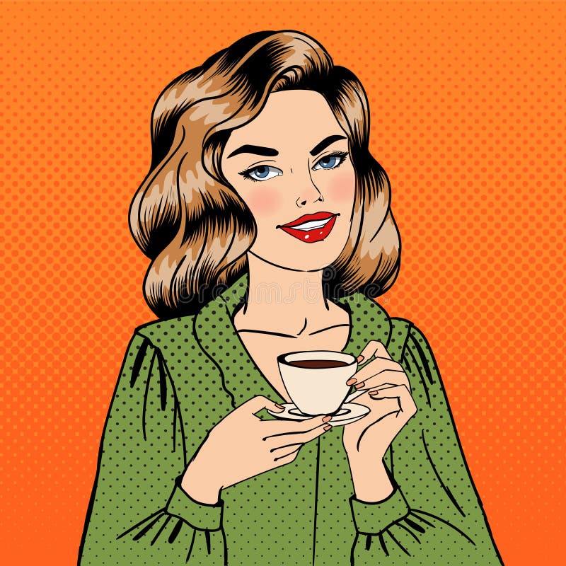 Mujer de Beautuful con la taza de café Arte pop