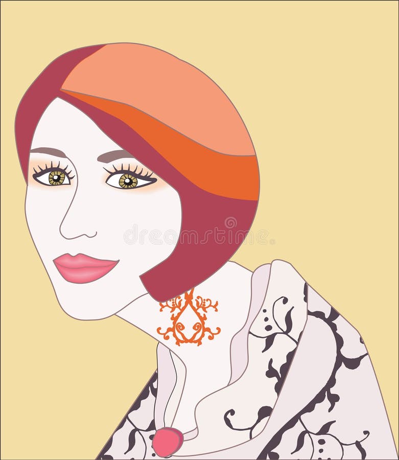 Line vector illustration of a young woman with short hair and vintage style blouse, with soft smile. Line vector illustration of a young woman with short hair and vintage style blouse, with soft smile