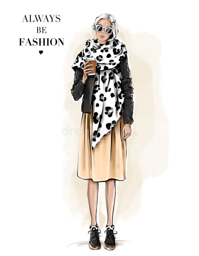 Mujer de moda con pañuelo con huella de leopardo. chica sosteniendo una taza de café de papel. bella joven con gafas de sol. aspec