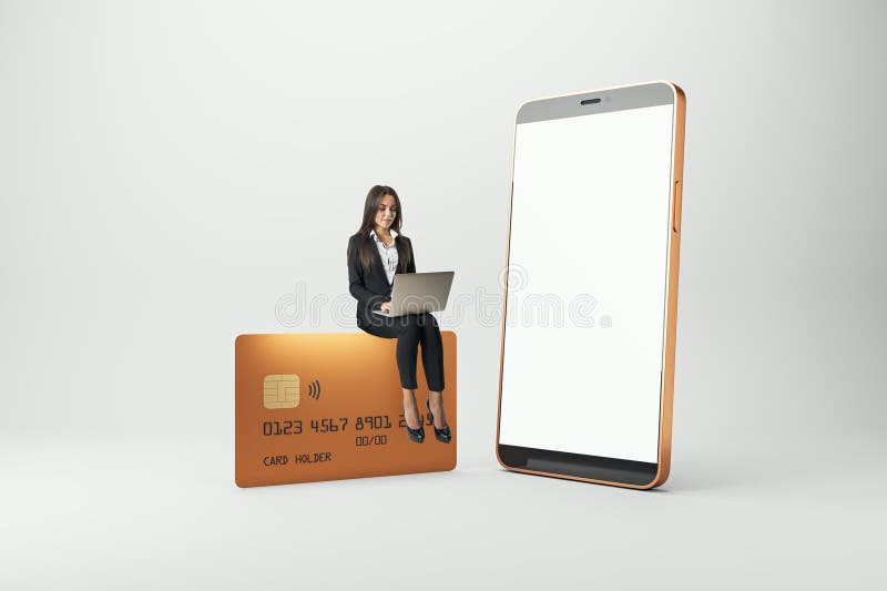 Mujer de negocios con laptop sentada en tarjeta de crédito dorada cerca de un smartphone grande stock de ilustración