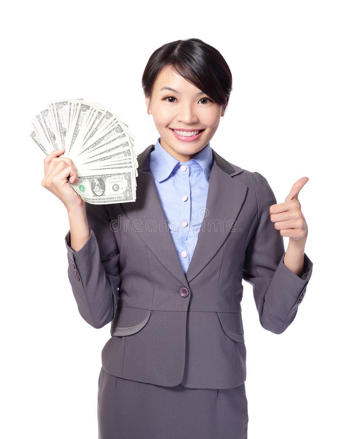 Mujer de negocios emocionada con el dinero imagen de archivo libre de regalías Mujer de negocios emocionada con el dinero imagen de archivo libre de regalías