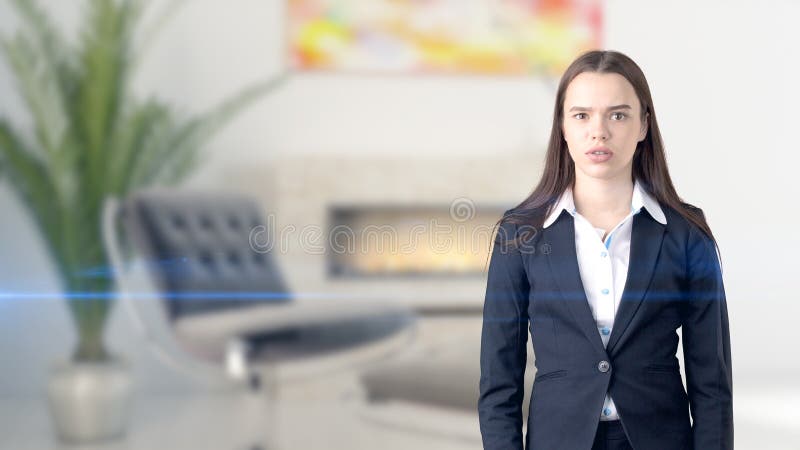 Mujer de negocios hermosa joven y diseñador creativo que se colocan sobre fondo interior blured imágenes de archivo libres de regalías Mujer de negocios hermosa joven y diseñador creativo que se colocan sobre fondo interior blured imágenes de archivo libres de regalías