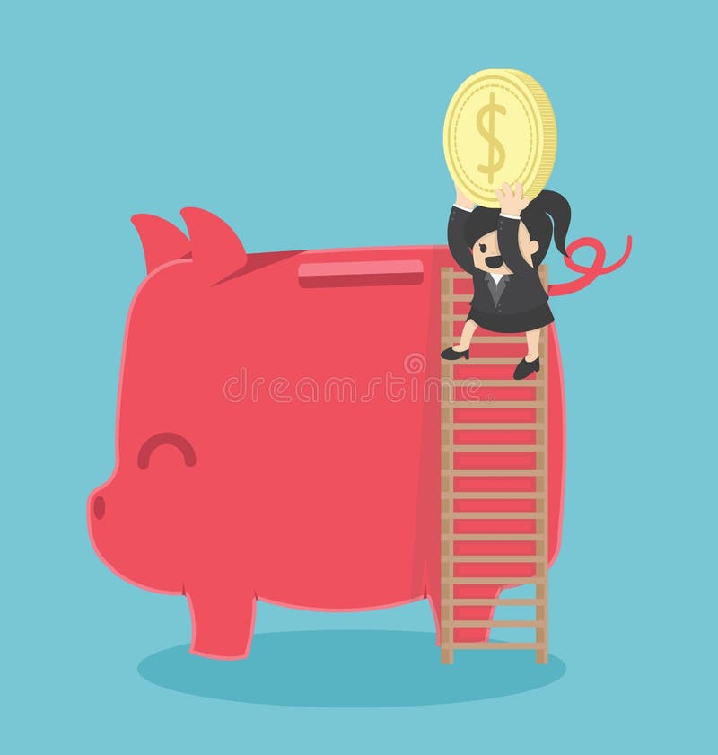 Mujer de negocios que ahorra su dinero poniendo una moneda en una hucha grande libre illustration Mujer de negocios que ahorra su dinero poniendo una moneda en una hucha grande libre illustration