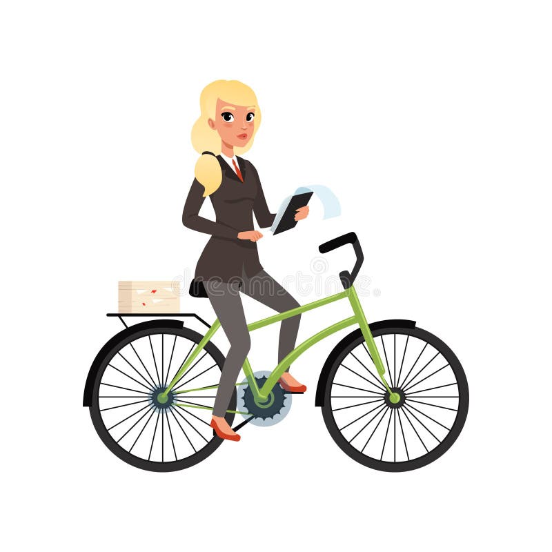 Mujer de negocios que se sienta en la bicicleta y que sostiene la tableta de papel Muchacha rubia joven en ropa corporativa forma ilustración del vector Mujer de negocios que se sienta en la bicicleta y que sostiene la tableta de papel Muchacha rubia joven en ropa corporativa forma ilustración del vector