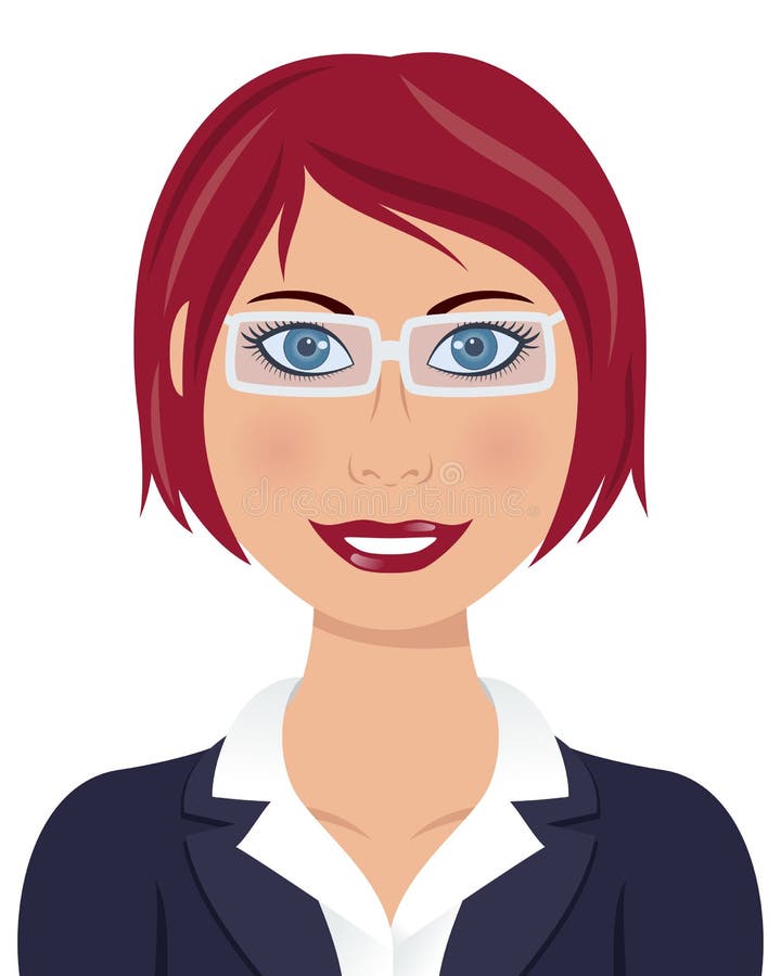 Portrait of a beautiful caucasian business woman smiling with red hair, blue eyes, wearing suit and blouse, with white glasses, isolated on white background. Eps file available. Portrait of a beautiful caucasian business woman smiling with red hair, blue eyes, wearing suit and blouse, with white glasses, isolated on white background. Eps file available.