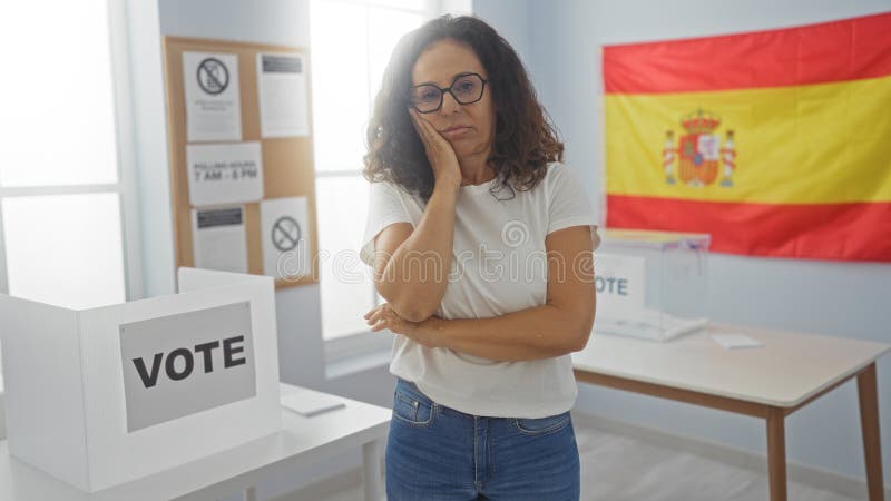 Mujer de pie atenta en el salón de la universidad electoral con bandera españa en el fondo mostrando el significado de la votación imagenes de archivo