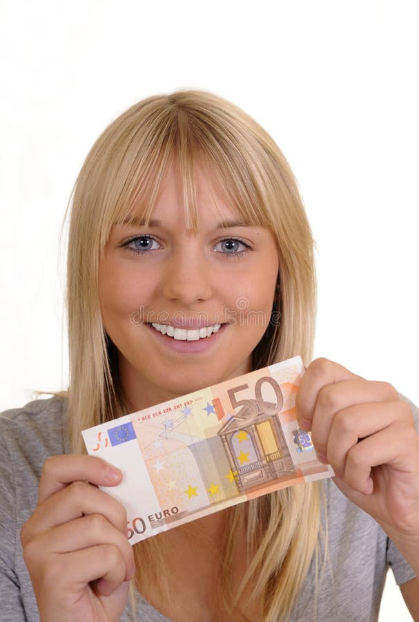 Mujer de risa con el euro cincuenta fotos de archivo libres de regalías Mujer de risa con el euro cincuenta fotos de archivo libres de regalías