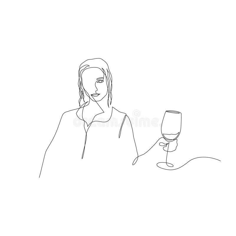 Mujer de una línea continua con el pelo ondulado sujeta el vaso de vino en la mano Arte Vector