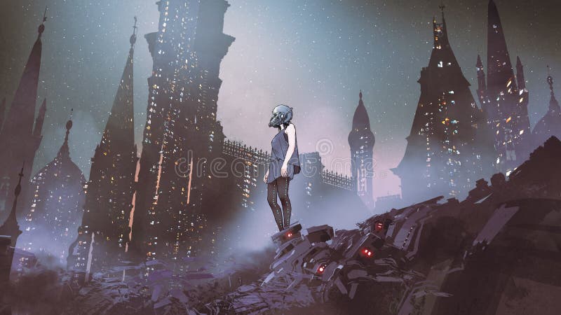 Mujer del Cyborg en ciudad del Cyberpunk ilustración del vector Mujer del Cyborg en ciudad del Cyberpunk ilustración del vector