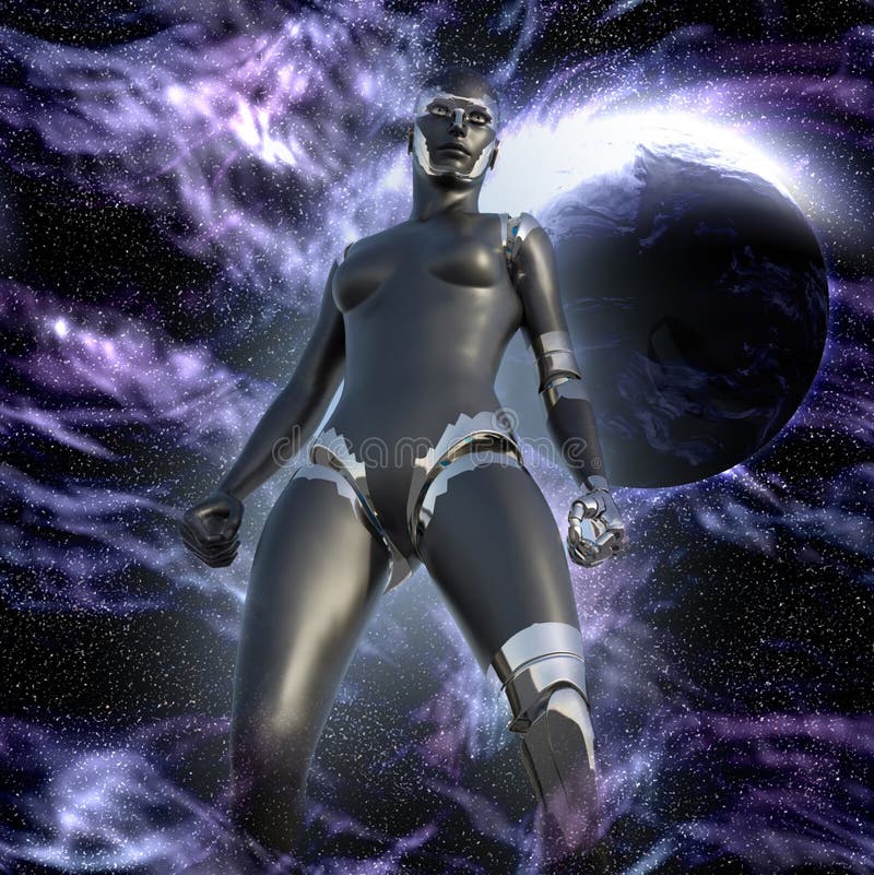 Mujer del Cyborg - Humanoid en espacio profundo ilustración del vector Mujer del Cyborg - Humanoid en espacio profundo ilustración del vector