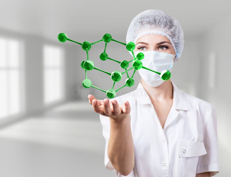 Mujer del doctor demostrar las moléculas virtuales en manos fotografía de archivo libre de regalías Mujer del doctor demostrar las moléculas virtuales en manos fotografía de archivo libre de regalías
