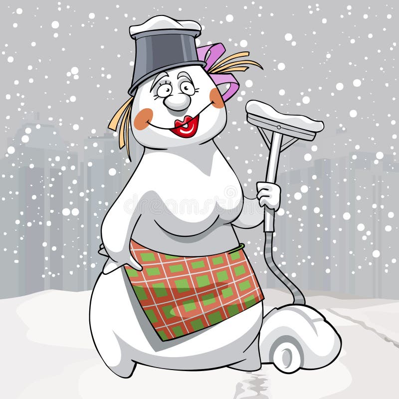 Mujer del muñeco de nieve de la historieta con el aspirador a disposición libre illustration Mujer del muñeco de nieve de la historieta con el aspirador a disposición libre illustration