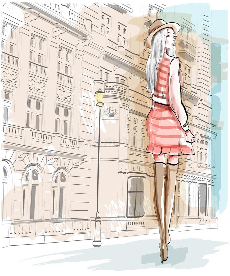 Mujer dibujada mano de la moda en un fondo de la calle Muchacha elegante en un sombrero Sistema del bosquejo stock de ilustración Mujer dibujada mano de la moda en un fondo de la calle Muchacha elegante en un sombrero Sistema del bosquejo stock de ilustración