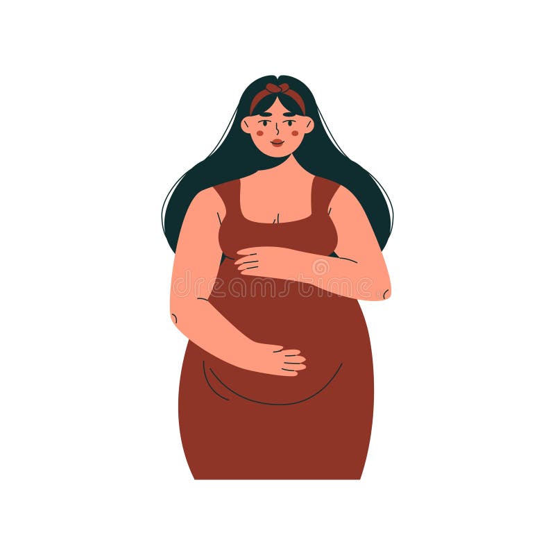 Mujer embarazada de dibujos animados. feliz madre con niño en el vientre lindo personaje femenino con una gran maternidad de tumor stock de ilustración