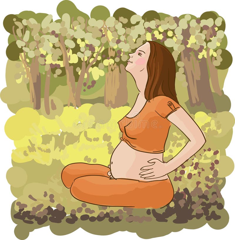Mujer embarazada que se relaja en la ilustración de la hierba.