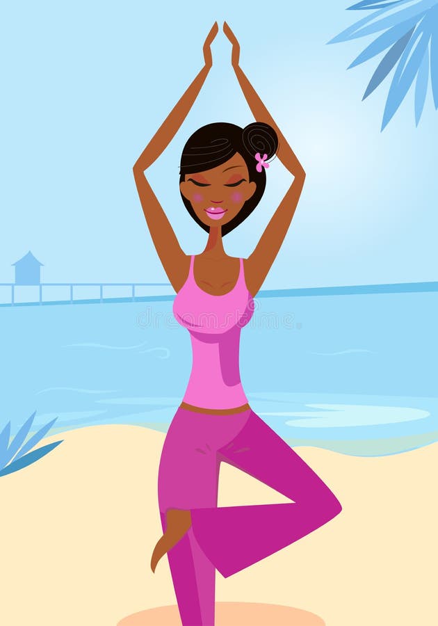 Mujer en actitud del árbol de la yoga en la playa asoleada stock de ilustración Mujer en actitud del árbol de la yoga en la playa asoleada stock de ilustración