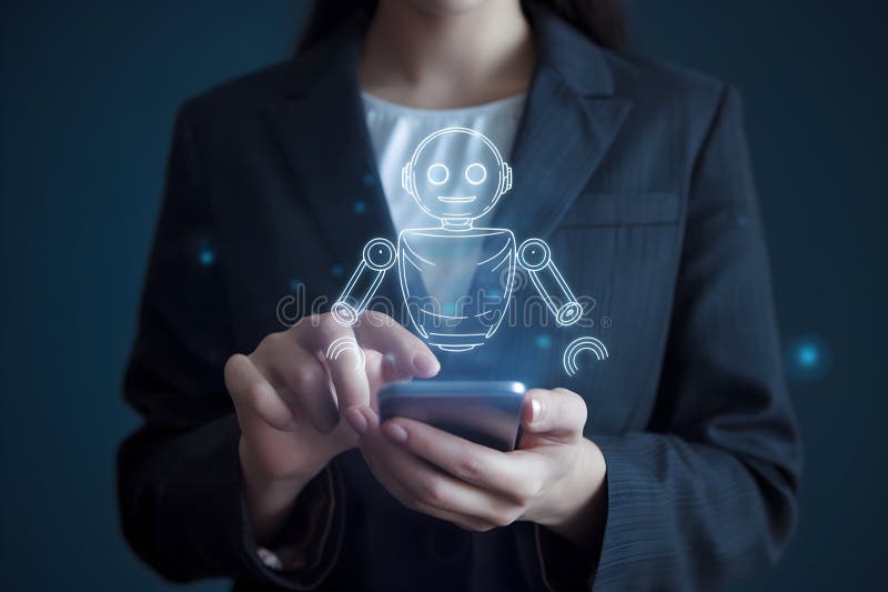 Mujer en blazer oscuro interactúa con un smartphone y un robot holográfico ilustración del vector