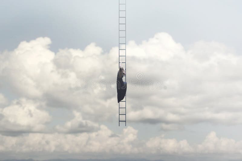A woman in search of freedom climbs a surreal staircase that descends from the sky. A woman in search of freedom climbs a surreal staircase that descends from the sky