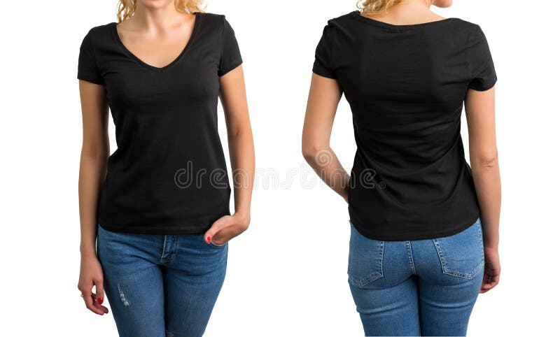 Mujer Camiseta, Frente Y Parte Posterior Con Cuello De Pico Negros Imagen de archivo - Imagen de blanco, 92895953