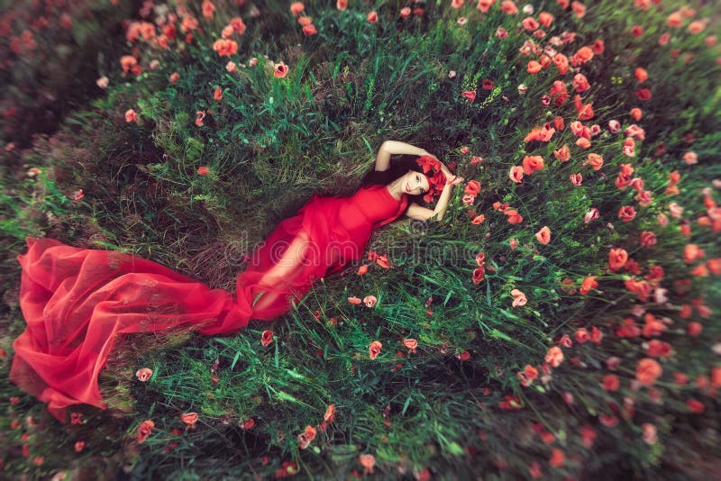 Mujer en campo de la amapola de la flor en verano foto de archivo Mujer en campo de la amapola de la flor en verano foto de archivo