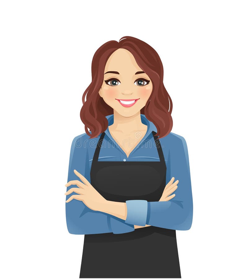 Smiling woman in apron standing with arms crossed isolated vector illustration. Smiling woman in apron standing with arms crossed isolated vector illustration