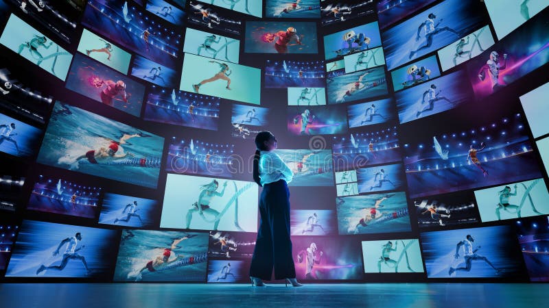 Mujer en el futurista escenario digital con muchos monitores que muestran diferentes atletas deportivos. foto de archivo