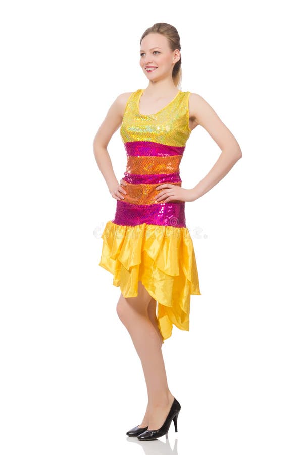 Mujer en el vestido amarillo chispeante divertido aislado en blanco imagen de archivo Mujer en el vestido amarillo chispeante divertido aislado en blanco imagen de archivo