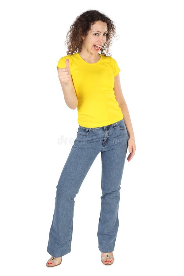 Mujer En La Camisa Y Los Pantalones Vaqueros Amarillos, Pulgares Para Arriba Foto de Imagen de soporte: 15656764