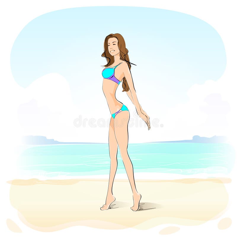 Mujer En La Playa Del Verano, Muchacha Atractiva Rubia De La Pierna Larga Ilustración del Vector - de manera, gente: 50433897