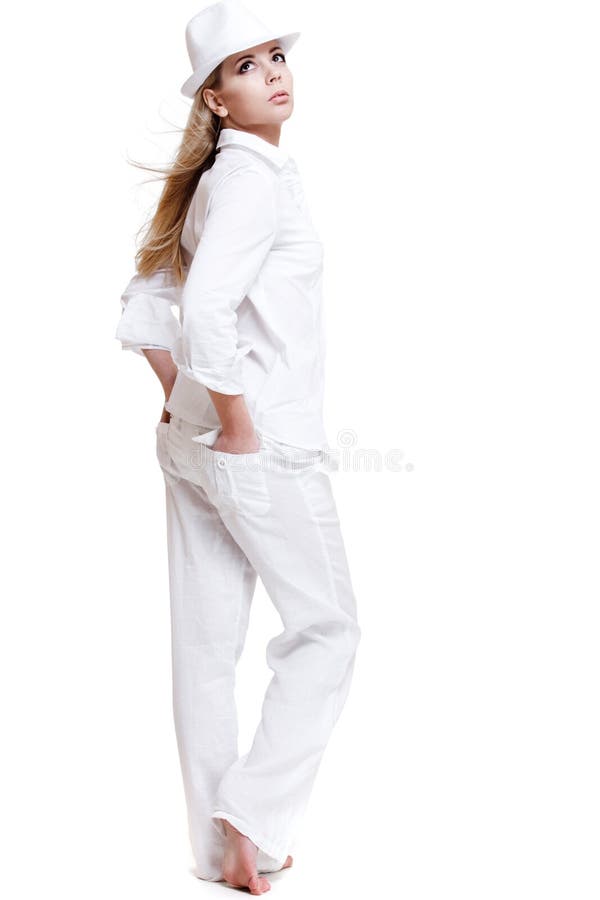 Verter Puro Audaz Mujer en la ropa blanca foto de archivo. Imagen de pantalones - 18831218