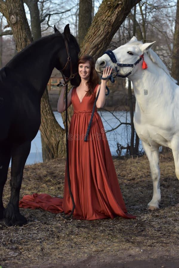 Mujer en un vestido largo rojo con dos caballos fotos de archivo Mujer en un vestido largo rojo con dos caballos fotos de archivo