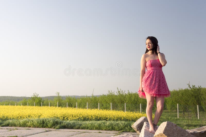 Mujer en un vestido rosado en la puesta del sol imágenes de archivo libres de regalías Mujer en un vestido rosado en la puesta del sol imágenes de archivo libres de regalías