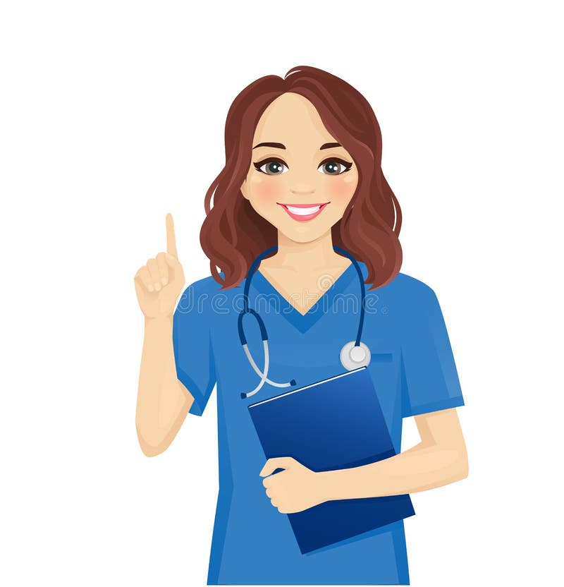 Female woman nurse character pointing finger up isolated vector illustartion. Female woman nurse character pointing finger up isolated vector illustartion