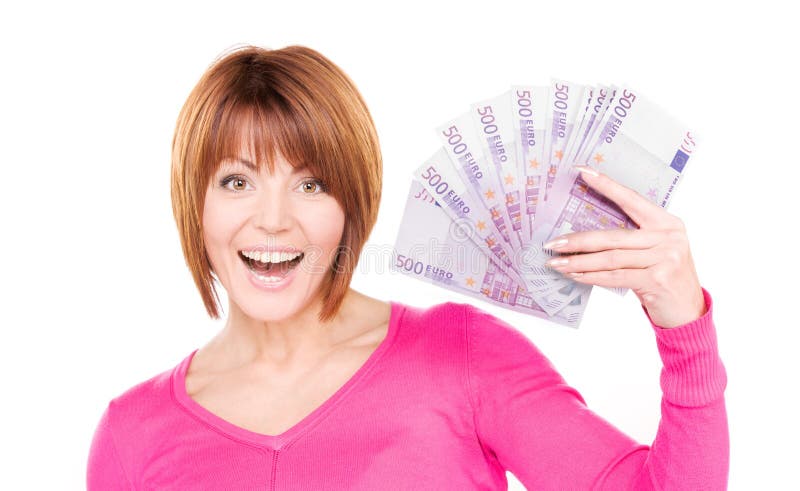 Mujer feliz con el dinero imagenes de archivo Mujer feliz con el dinero imagenes de archivo