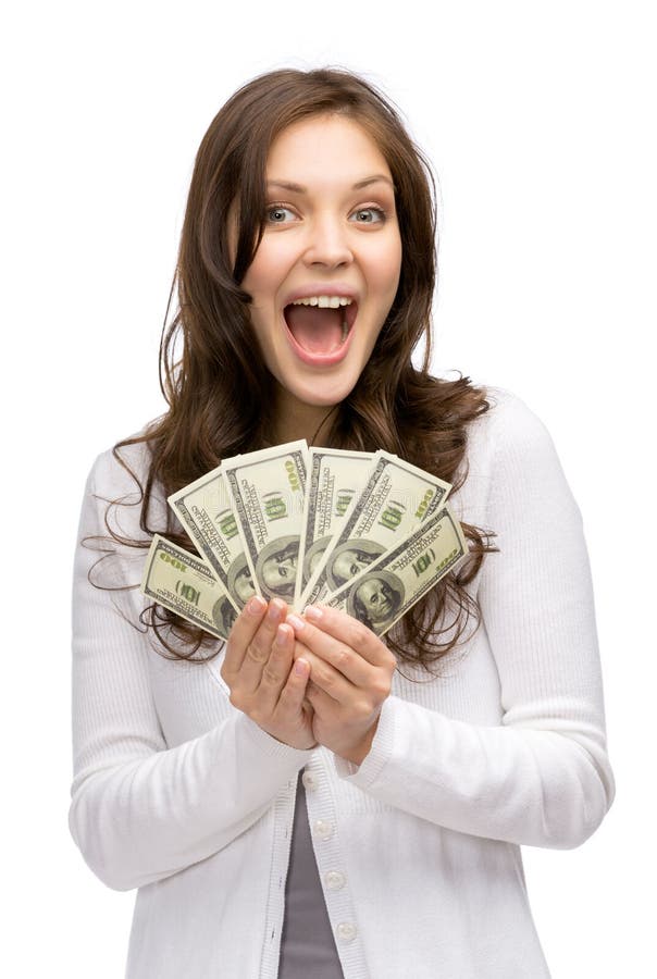 Mujer feliz que sostiene el dinero foto de archivo libre de regalías Mujer feliz que sostiene el dinero foto de archivo libre de regalías