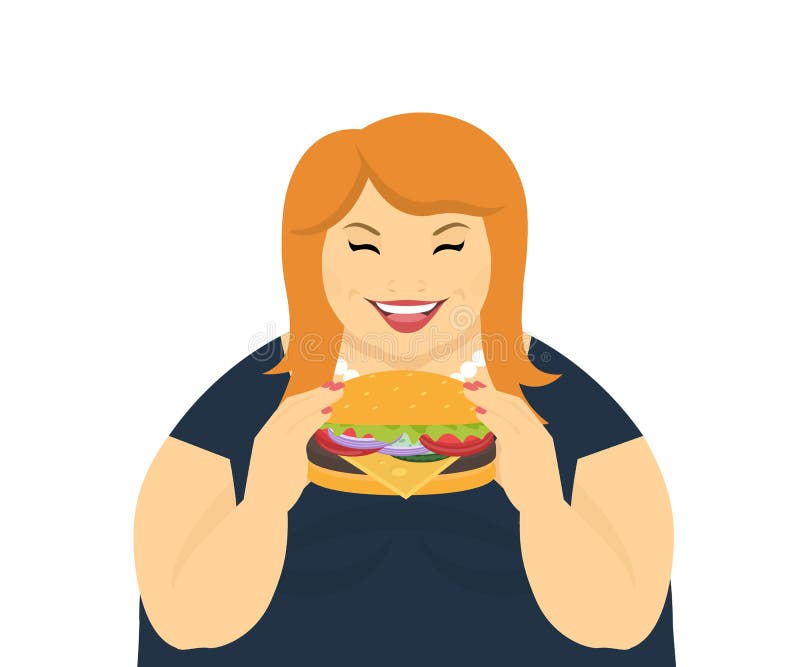 Mujer gorda feliz que come una hamburguesa grande libre illustration Mujer gorda feliz que come una hamburguesa grande libre illustration
