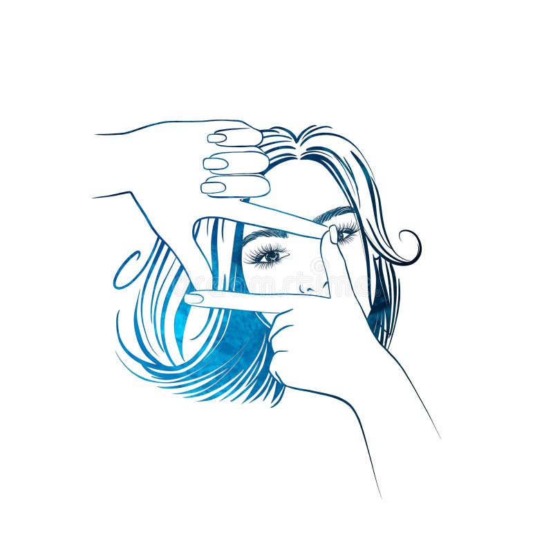 Mujer hermosa con el pelo medio de la longitud que mira a través de un marco de la mano ilustración del vector Mujer hermosa con el pelo medio de la longitud que mira a través de un marco de la mano ilustración del vector