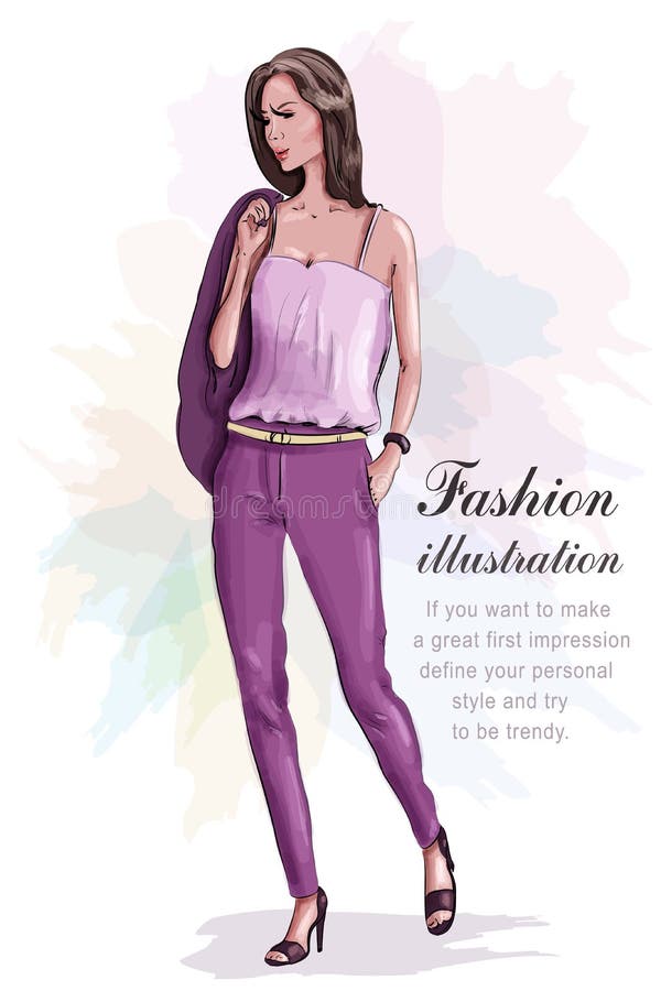 Mujer hermosa de la moda en traje elegante bosquejo stock de ilustración Mujer hermosa de la moda en traje elegante bosquejo stock de ilustración