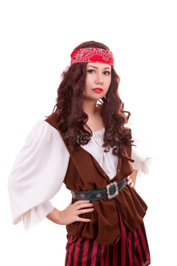 Mujer hermosa del pirata en el fondo blanco fotos de archivo Mujer hermosa del pirata en el fondo blanco fotos de archivo