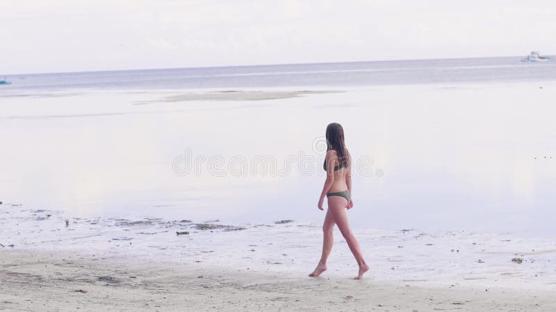 Mujer hermosa en bikini que camina en orilla arenosa en la playa del mar Mujer joven que disfruta del paseo del verano en la aren almacen de video