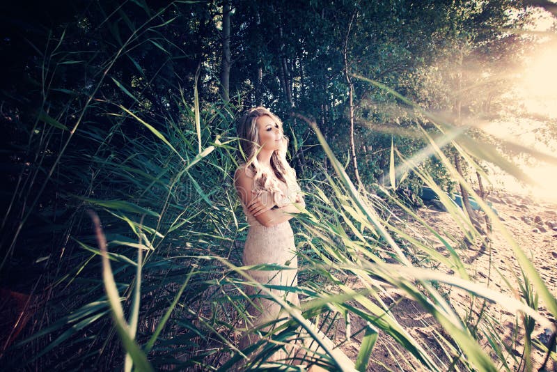 Mujer hermosa en hierba verde y Sunligth fotografía de archivo libre de regalías Mujer hermosa en hierba verde y Sunligth fotografía de archivo libre de regalías