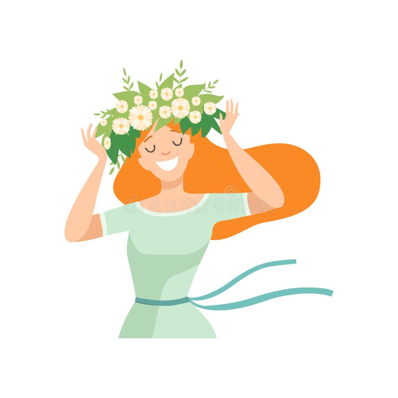 Mujer hermosa joven del pelirrojo con la guirnalda en su pelo, retrato de la flor de la muchacha sonriente elegante con vector fl stock de ilustración Mujer hermosa joven del pelirrojo con la guirnalda en su pelo, retrato de la flor de la muchacha sonriente elegante con vector fl stock de ilustración
