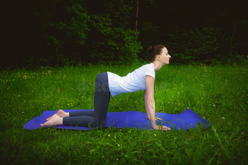 Mujer hermosa que resuelve mardzhariasana de los excercises de la yoga en la estera de la aptitud imagen de archivo libre de regalías Mujer hermosa que resuelve mardzhariasana de los excercises de la yoga en la estera de la aptitud imagen de archivo libre de regalías