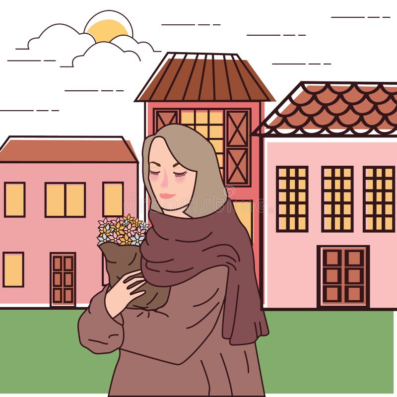 Mujer hermosa su mano que sostiene la flor con el viejo ejemplo del dibujo lineal de la casa stock de ilustración Mujer hermosa su mano que sostiene la flor con el viejo ejemplo del dibujo lineal de la casa stock de ilustración